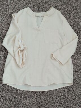 Light Cream V-Neck Roll-Sleeve Pocket Blouse for Women